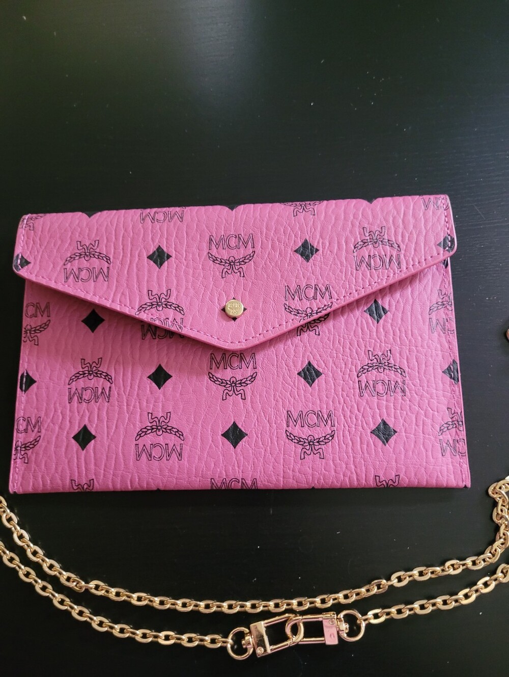 MCM Pink Monogram Envelope Crossbody with Gold Chain
